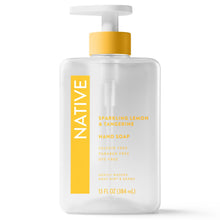 Native sparkling lemon & tangerine hand soap bottle, yellow pump, front label