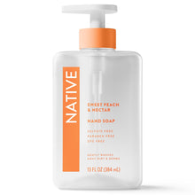 Native hand soap bottle, Sweet Peach & Nectar, orange pump, back label view
