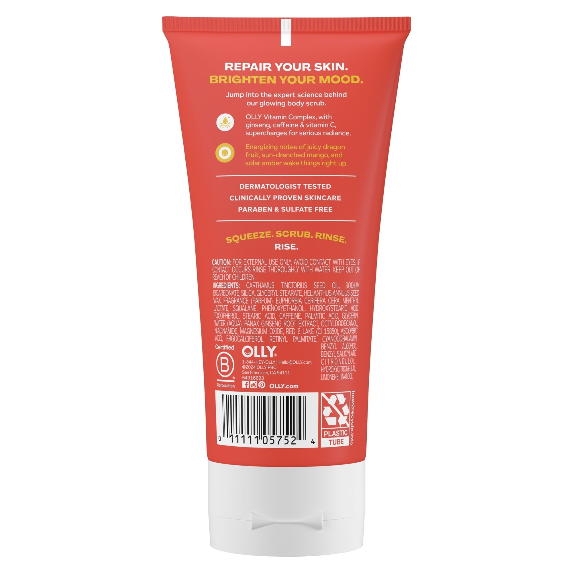 (6 pack) OLLY Bright Body Scrub Exfoliates & Repairs Skin Barrier Citrus Currant, 6 oz