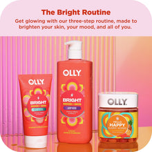 OLLY Bright routine showing Bright Mood+Skin body scrub tube among other products