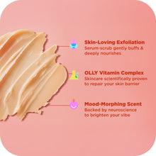 OLLY Bright Mood+Skin body scrub cream swatch with skin-loving exfoliation callout