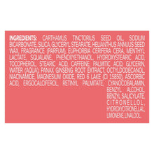 Bright body scrub ingredient label panel with ingredient list in white text