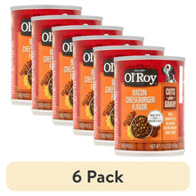 Six wet dog food cans in a 6 pack bundle with red and orange labels
