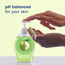 Liquid hand soap pump bottle with hand pressing the white dispenser
