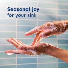 Mango-scent liquid hand soap with foamy hands, pump bottle in view