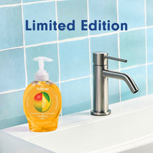 Mango-scent liquid hand soap pump bottle, orange-yellow, with Sooftsoap label