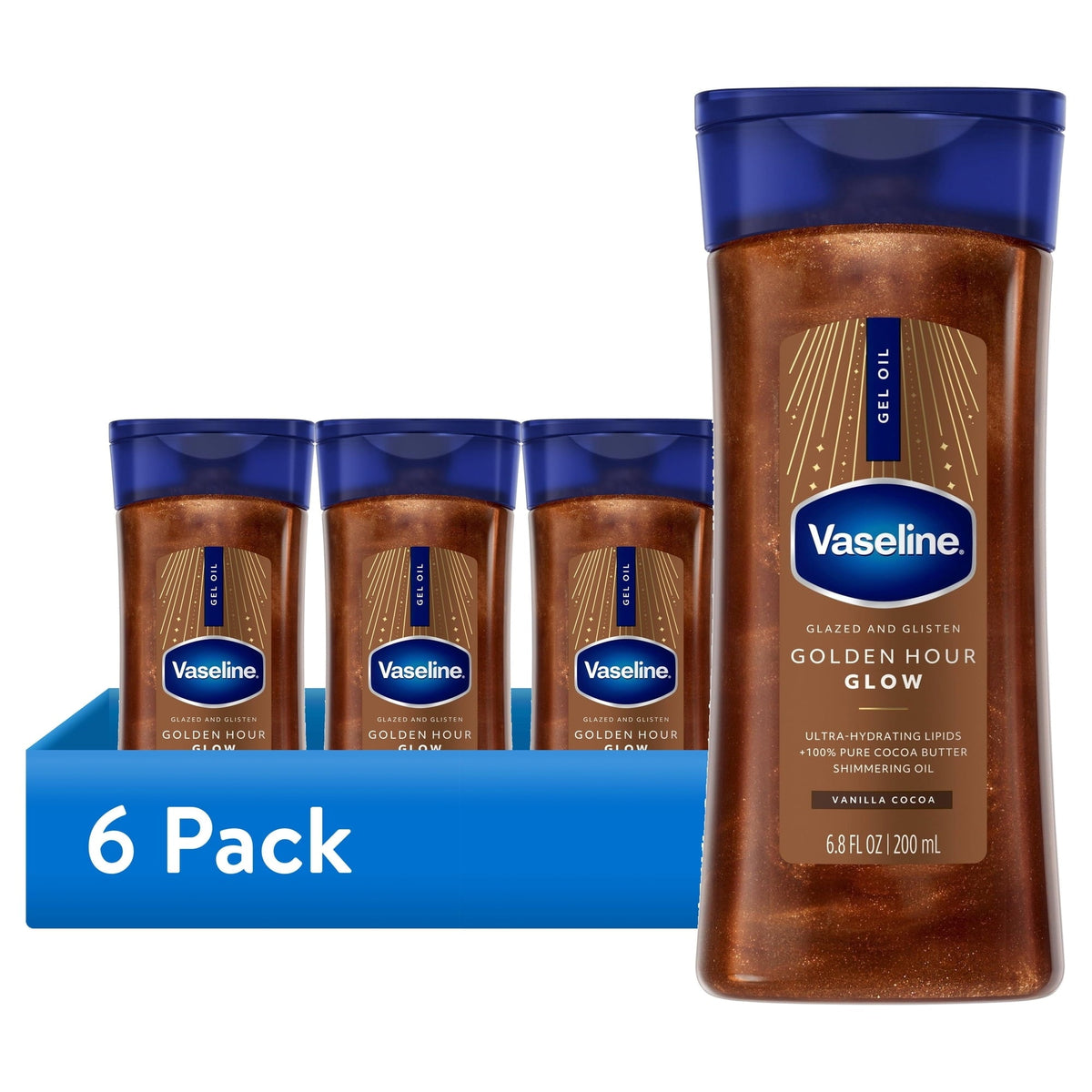 (6 pack) Vaseline Glazed and Glisten Golden Hour Glow Vanilla Cocoa Shimmering Body Gel Oil with Ultra-Hydrating Lipids and 100% Pure Cocoa Butter, 6.8 fl oz