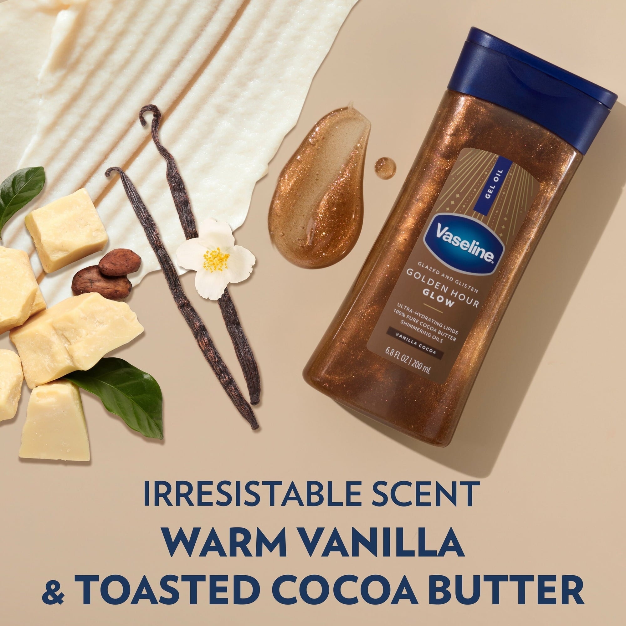 (6 pack) Vaseline Glazed and Glisten Golden Hour Glow Vanilla Cocoa Shimmering Body Gel Oil with Ultra-Hydrating Lipids and 100% Pure Cocoa Butter, 6.8 fl oz