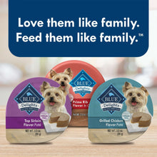Blue Delights wet dog food cups featuring prime rib and grilled chicken flavors