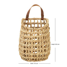 Woven water hyacinth hanging basket, brown faux leather straps; size shown (height/width)