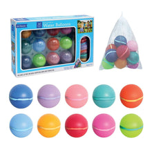 Reusable water balloons 20-pack box with mesh bag and 10 multicolor balloons pictured