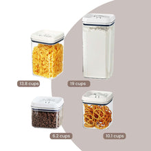 Square food container set with capacity labels, clear bodies and white lids