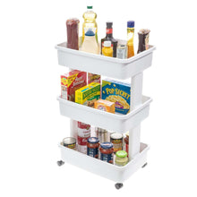Arctic white 3-tier plastic rolling cart filled with packaged items on open shelves and casters