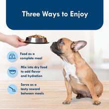 Blue Buffalo Delights dog food serving ideas panel with dog eating from a bowl