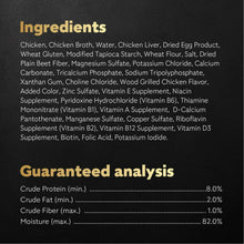 Wet dog food pouch ingredients and guaranteed analysis text panel
