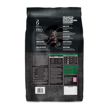 Dry dog food bag back panel with feeding, ingredient, and nutrition information