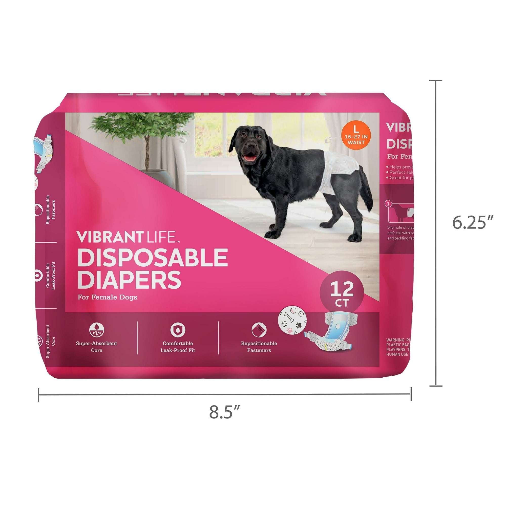 (2 pack) Vibrant Life Disposable Dog Diapers for Female Dogs, L, 12 Count