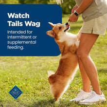 Dog being fed a Grillers dog treat on grass with hand offering pieces