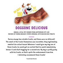 Dog treat strip graphic with "Doggone Delicious" text on pouch style card