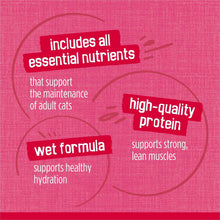 Wet cat food label with essential nutrients, wet formula, and high-quality protein
