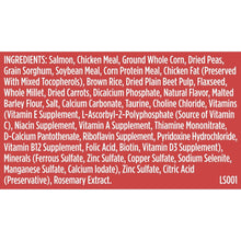 Dry dog food ingredients list on red label with vitamins and preservatives