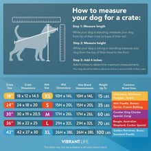Pet bed size guide chart with crate and mat dimensions for Vibrant Life.