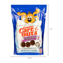 Burger Minis beef flavor dog treat bag with height and width dimensions