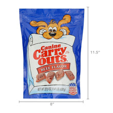 Beef flavor dog treat pouch with size dimensions, front label and jerky pieces