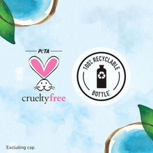 Cruelty-free and recyclable bottle icons on shampoo label