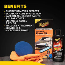 Car scratch eraser kit components with blue foam pad, microfiber towel, and product bottles