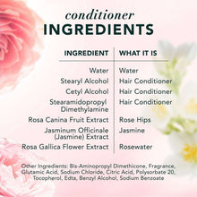 Herbal Essences Rose Hips conditioner ingredients list on back label, bottle close-up