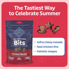 Blue Buffalo Bits chicken recipe pouch with bullet points and patriotic shapes
