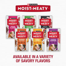 Purina Moist & Meaty variety pack of soft dog food pouches, multiple flavors shown