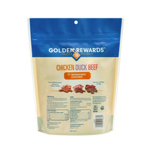 Golden Rewards chicken duck beef dog jerky treats bag, back label with nutrition panel