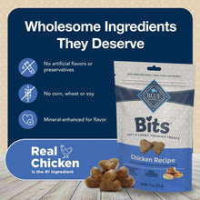 Blue Bits chicken recipe training treats bag with wholesome ingredients icons