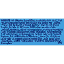 Dog food bag ingredients list panel with long ingredient text