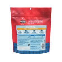 Back of red and blue dog treat bag with nutrition information and barcode