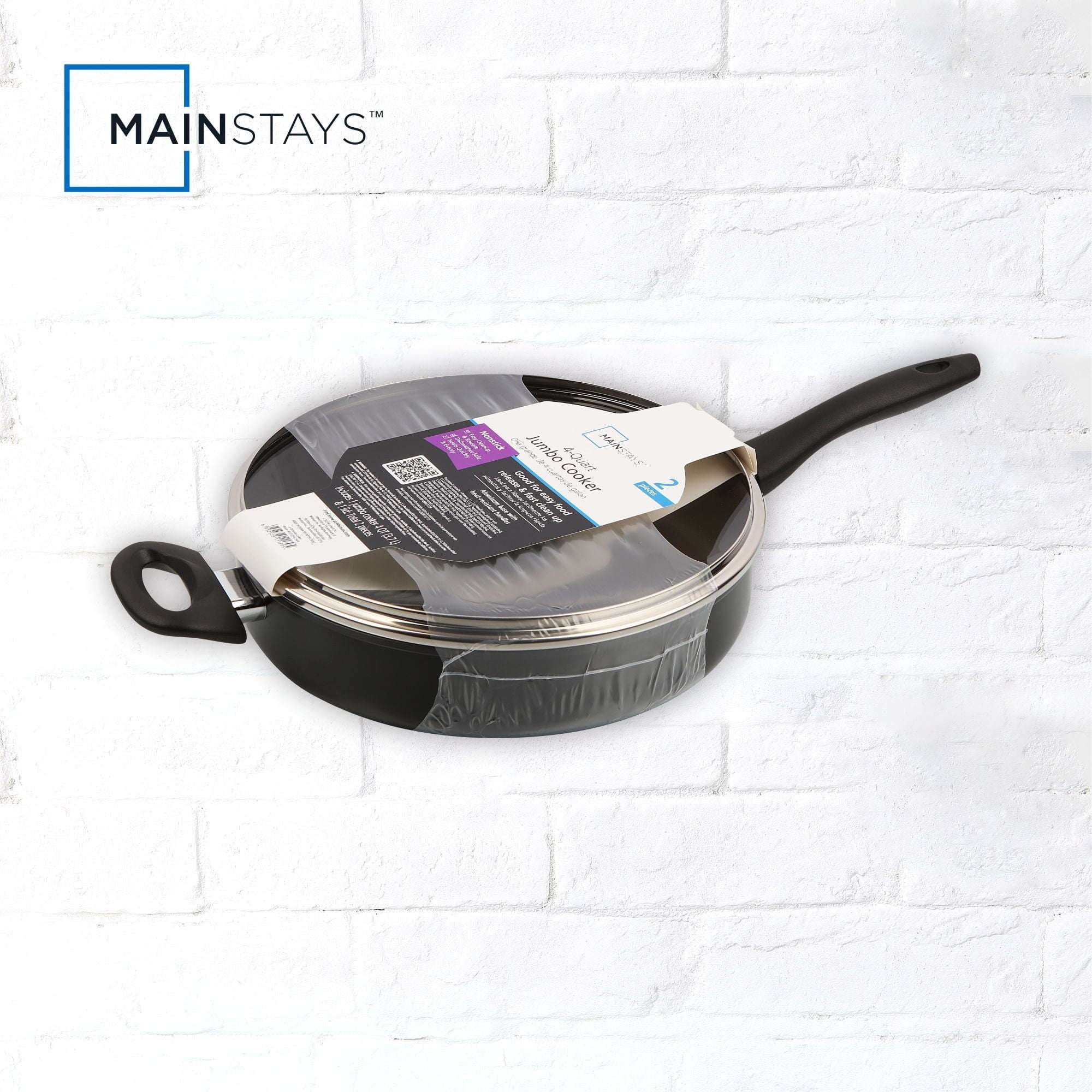 Mainstays 4 Quart Multi-Use Non-Stick 28cm Black Jumbo Cooker Frying Pan with Glass Lid