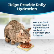 Wet cat food pâté with a cat eating from a small dish.