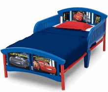 Plastic toddler bed with blue Cars graphics and red support legs