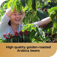Arabica coffee beans on branches with text 'High quality golden-roasted Arabica beans'