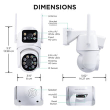 White outdoor security camera dimensions diagram showing bracket, antennas, and lenses