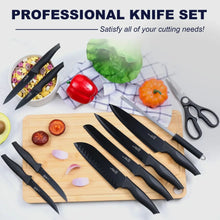 Black kitchen knife set with block, chef knife, steak knives, utility knife, and shears