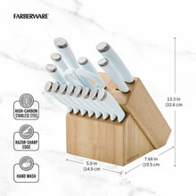 Natural wood knife block with ice blue-handled knives showing size dimensions