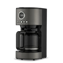 Black stainless steel 12-cup coffee machine with control panel and glass carafe