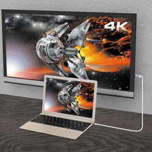 USB-C to HDMI cable with white cord and gray connectors attached to a laptop