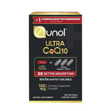 Qunol Ultra CoQ10 120 softgels supplement box, dark with gold and red accents
