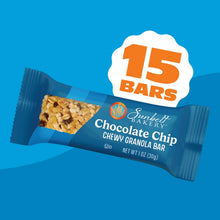 Chocolate chip chewy granola bar in blue wrapper with 15 bars count label