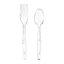 Clear plastic fork and spoon pair, disposable tableware