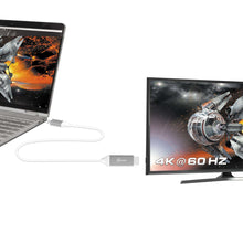 USB-C to HDMI cable with white cord and gray connectors attached to devices